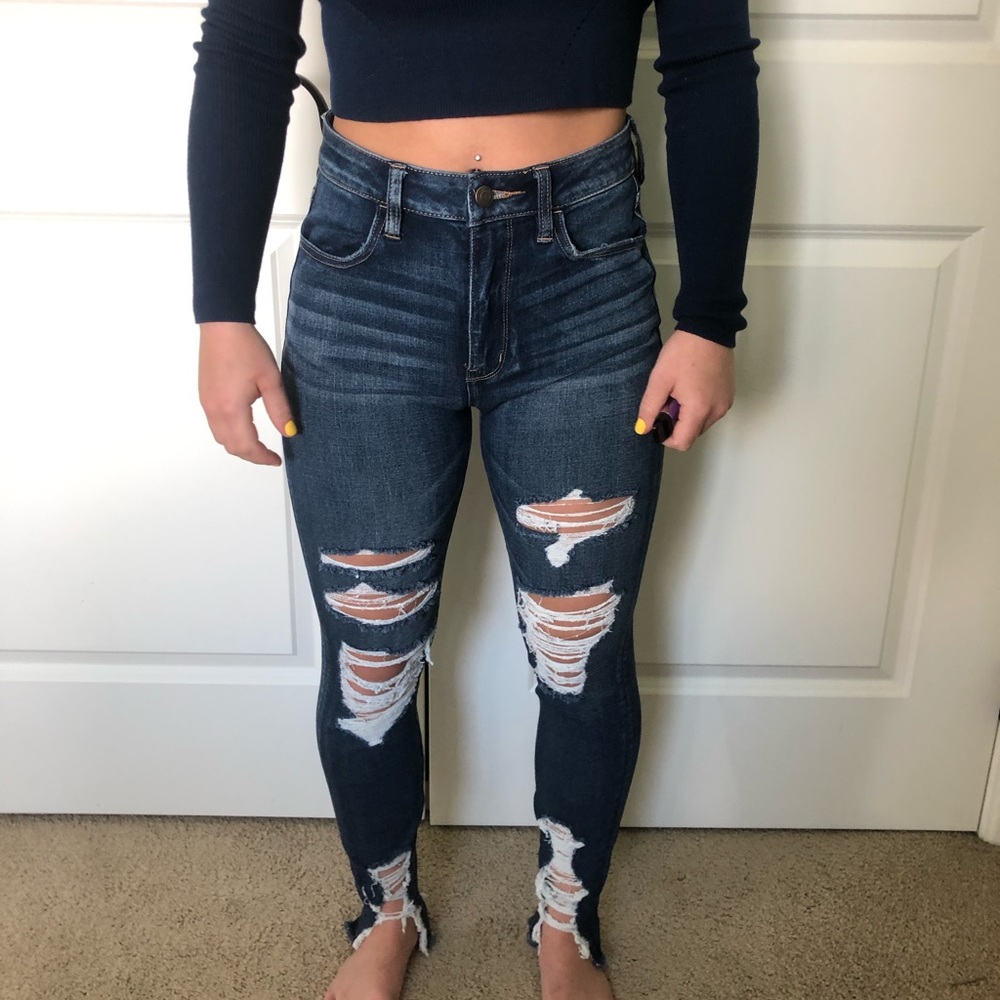 American eagle, dark wash, ripped jeans.